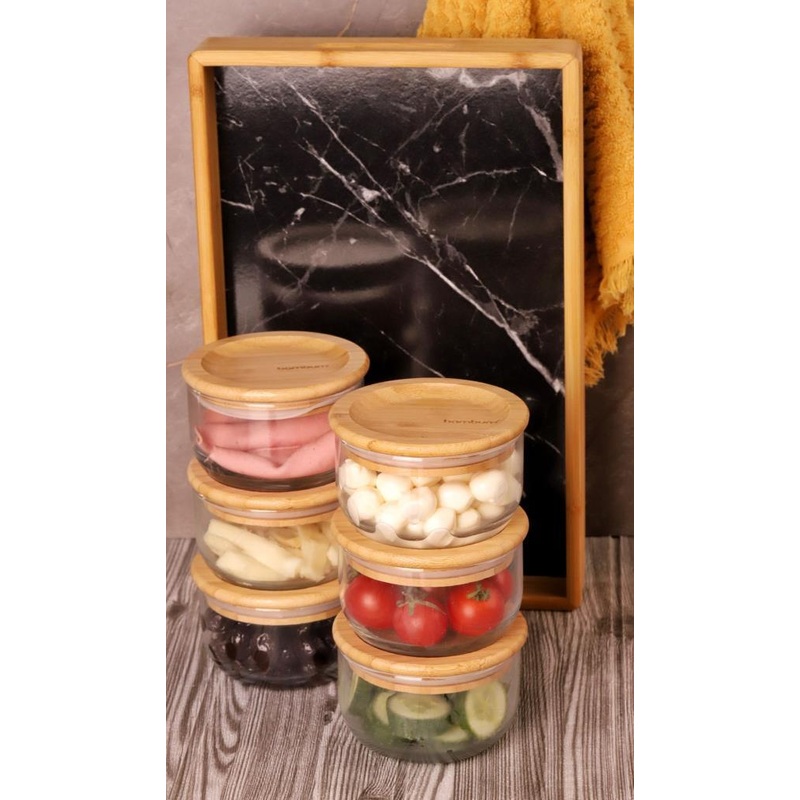 Bambum Duo 300Ml 6-Piece Black Tray Bamboo Lid Glass Breakfast Bowl