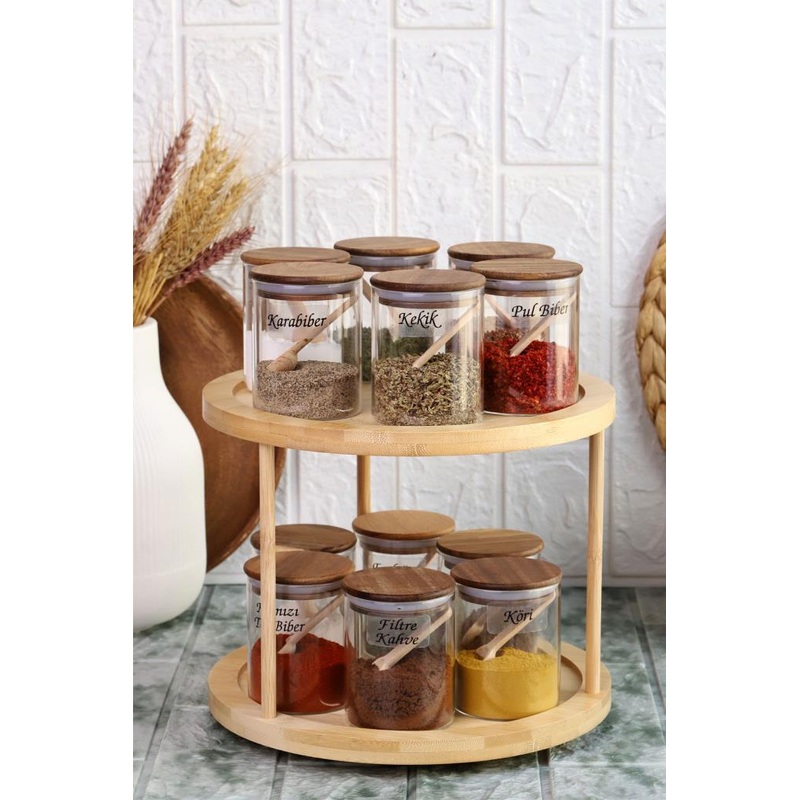 Borosilicate Glass Spice Shaker With Acacia Silicone Lid And Rotating Stand - 250 Ml Spice Set 37 Pieces + Gift Label