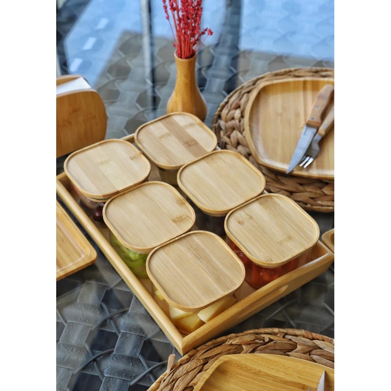 Duo 400Ml Glass Breakfast Bowl With Bamboo Tray And Bamboo Vacuum Lid For 6 Pieces