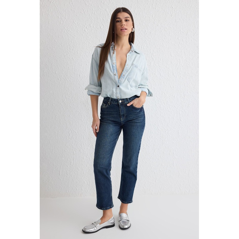 Women's Blue Plain Straight High Waist Jeans