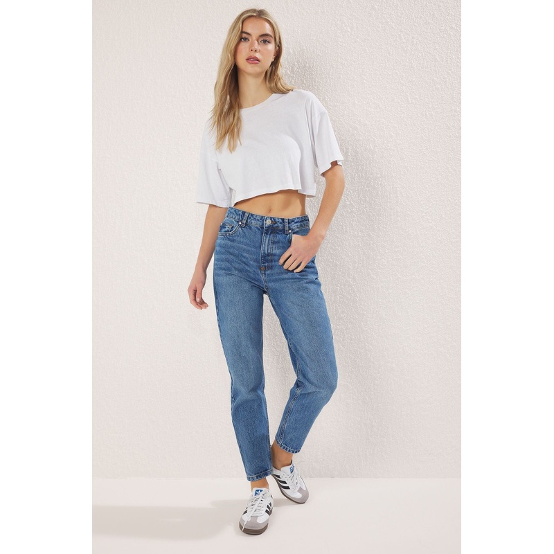 Women's Blue Straight High Waist Jeans