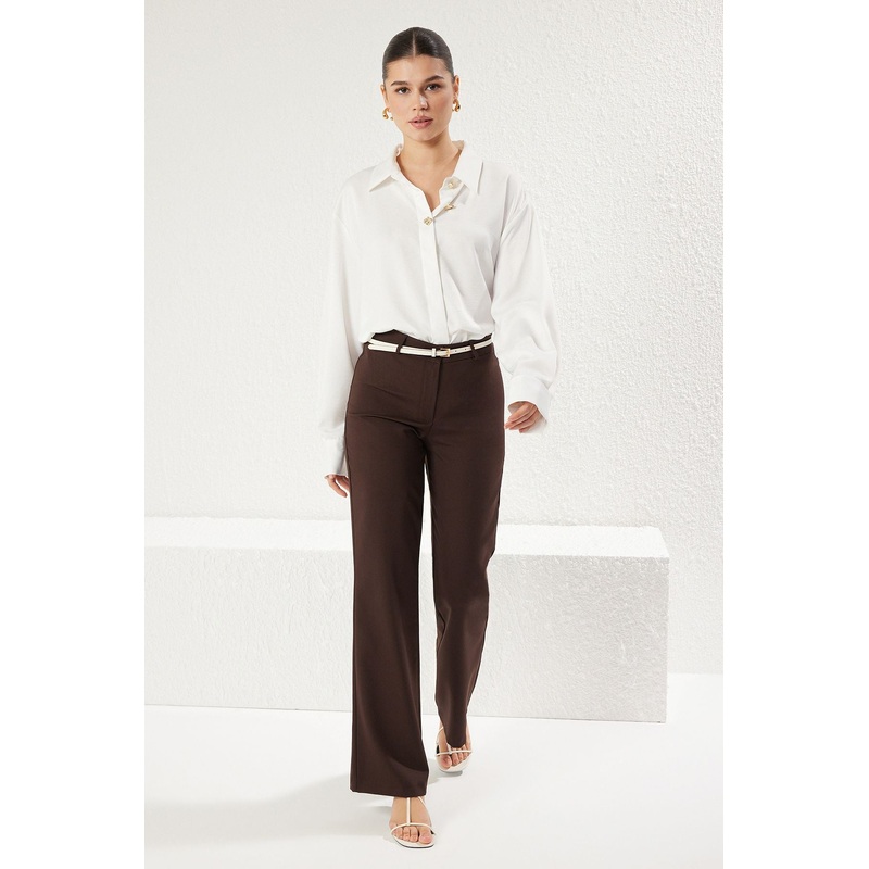 Women's Brown Plain High Waist Pants