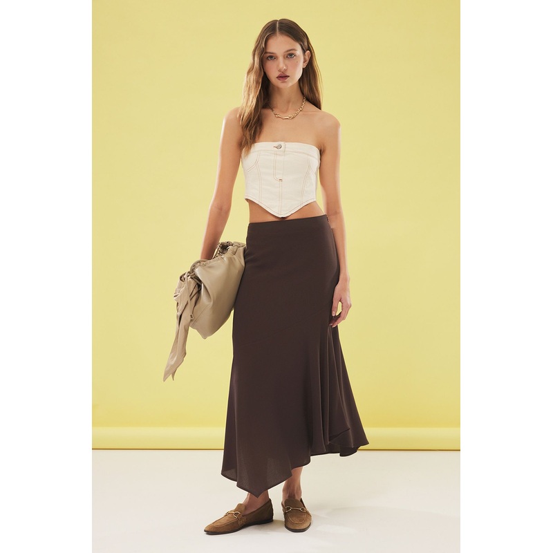 Women's Brown Plain Maxi Asymmetric Skirt