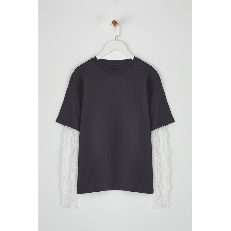 Women's Gray Color Block Long Oversize T-Shirt