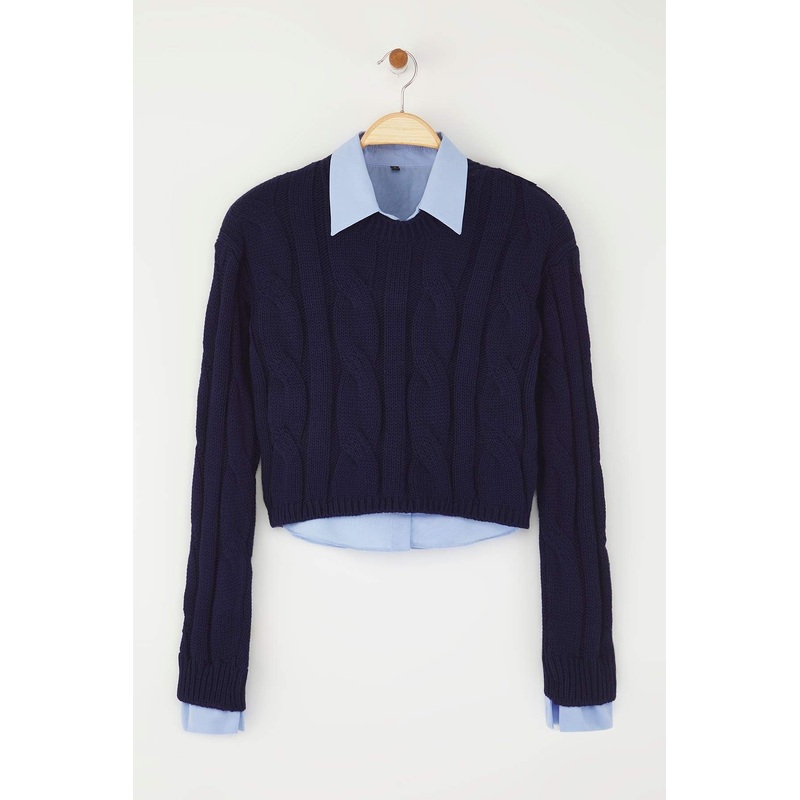 Women's Navy Blue Cable Knit Long Regular Sweater