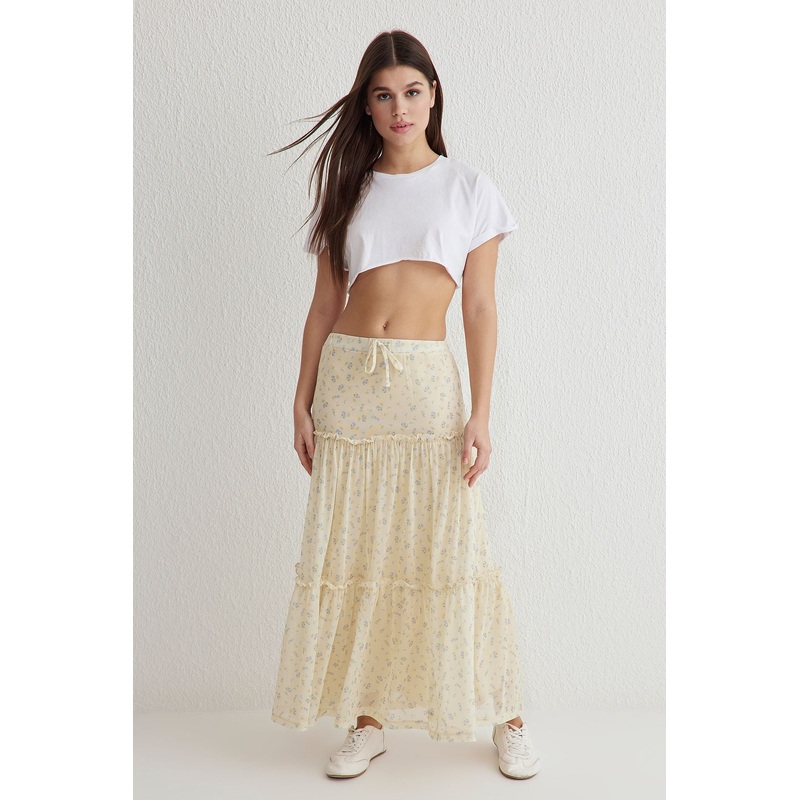 Women's Navy Blue Geblmt Midi A-Line Regular Skirt