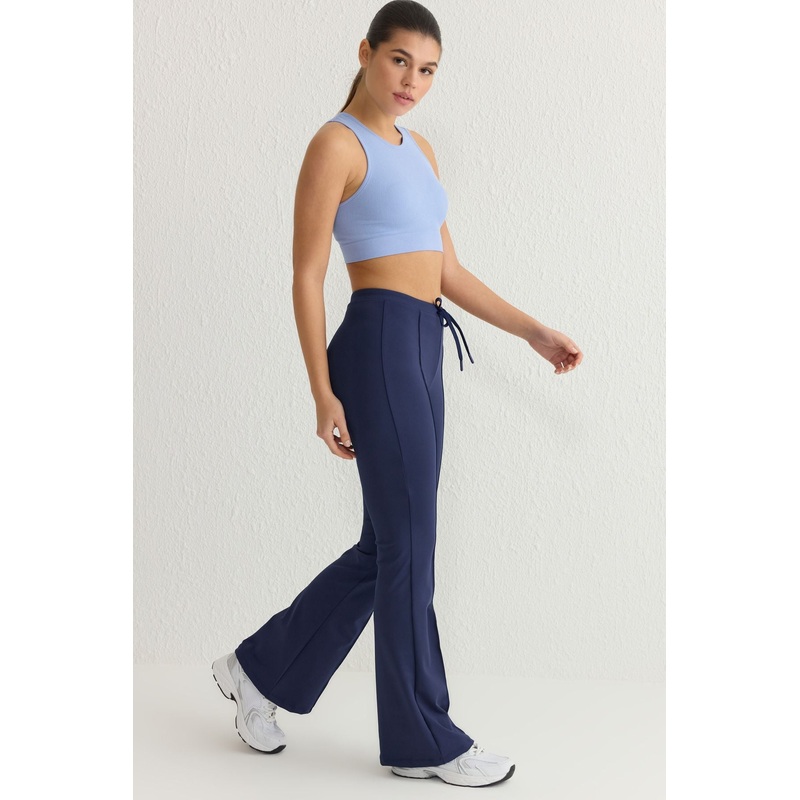 Women's Navy Blue Plain Normal Waist Sweatpants