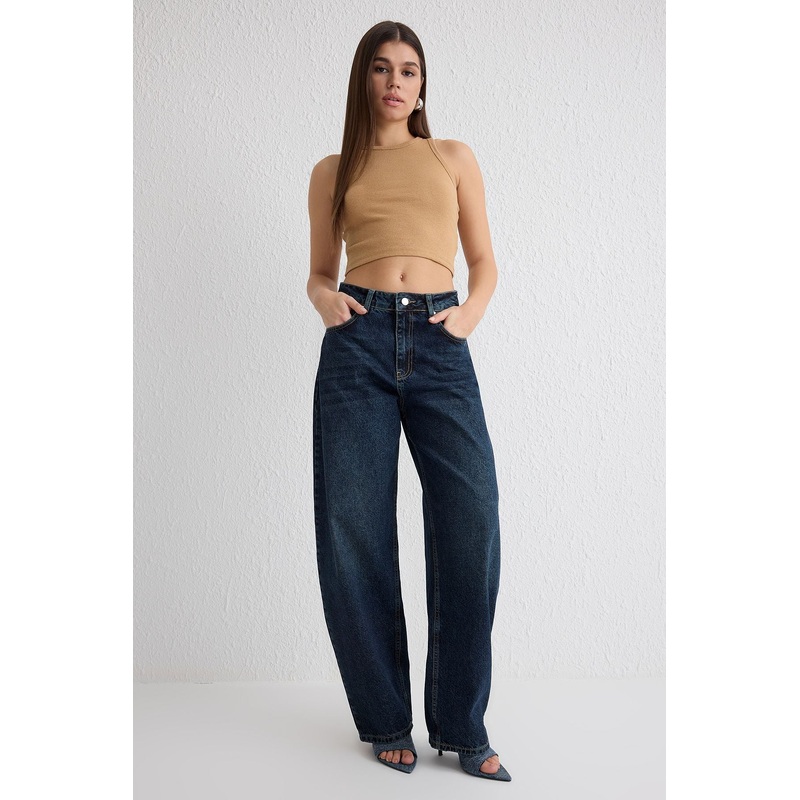 Women's Navy Blue Plain Skater Normal Waist Jeans