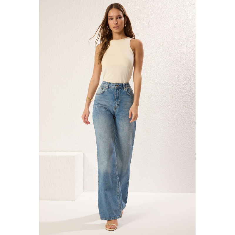 Women's Plain Wide Leg High Waist Jeans