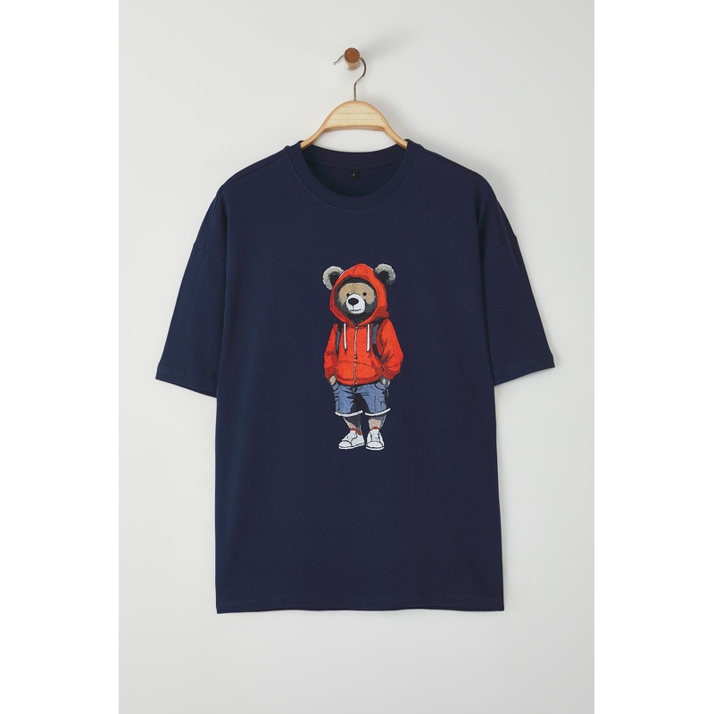 Man Men's Navy Blue Animal Print Short Oversize T-Shirt