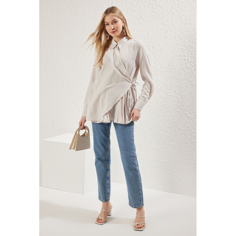 Modest Women's Beige Plain Long Regular Modest Shirts