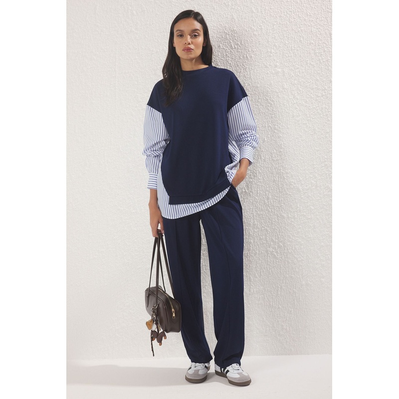 Modest Women's Navy Blue Straight Long Casual/daily Oversized Hijab Top - Bottom Set