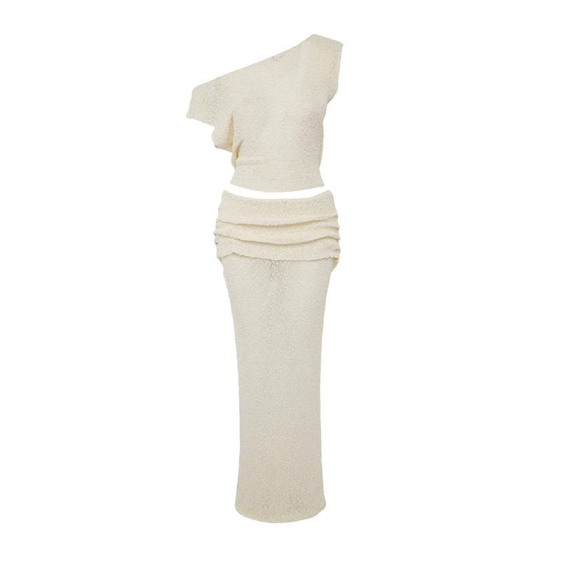 Women's Ecru Straight Short Beachwear Fitted Two Piece Sets