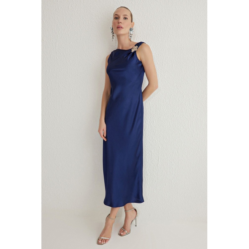 Women's Navy Blue Plain Midi Spaghetti Strap Stylish/night Fitted Dress