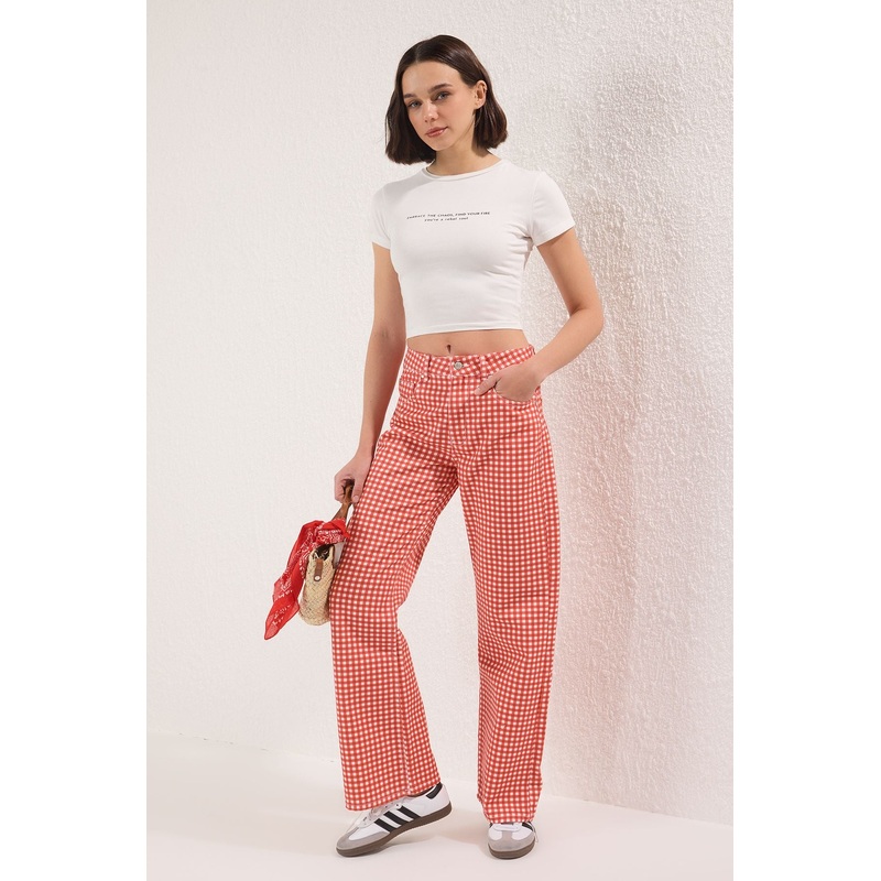 Women's Plaid / Checkered Wide Leg High Waist Jeans