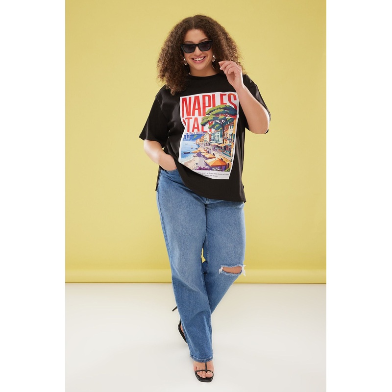 Curve Women's Landscape Print Short Oversize Plus Size T-Shirt