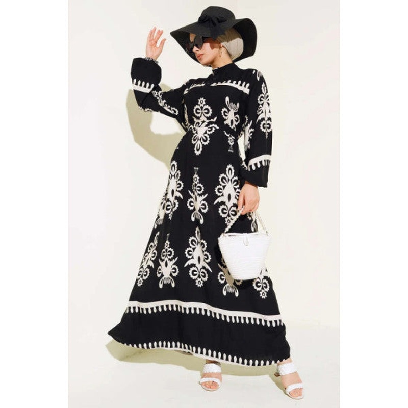 Ethnic Patterned Belted Dress Black