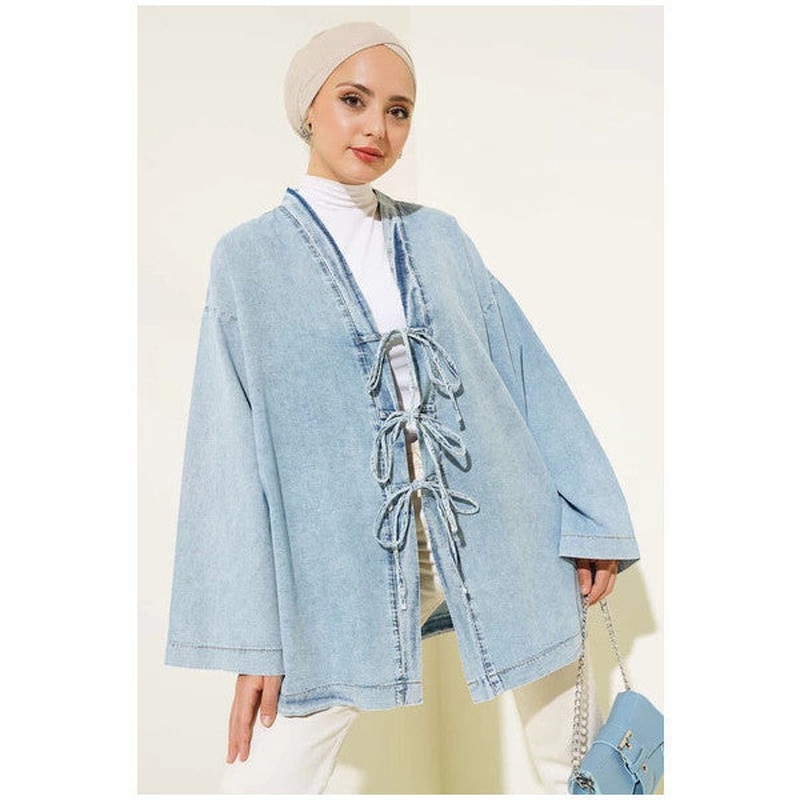 Front Rope Tie Denim Kimono Ice Blue