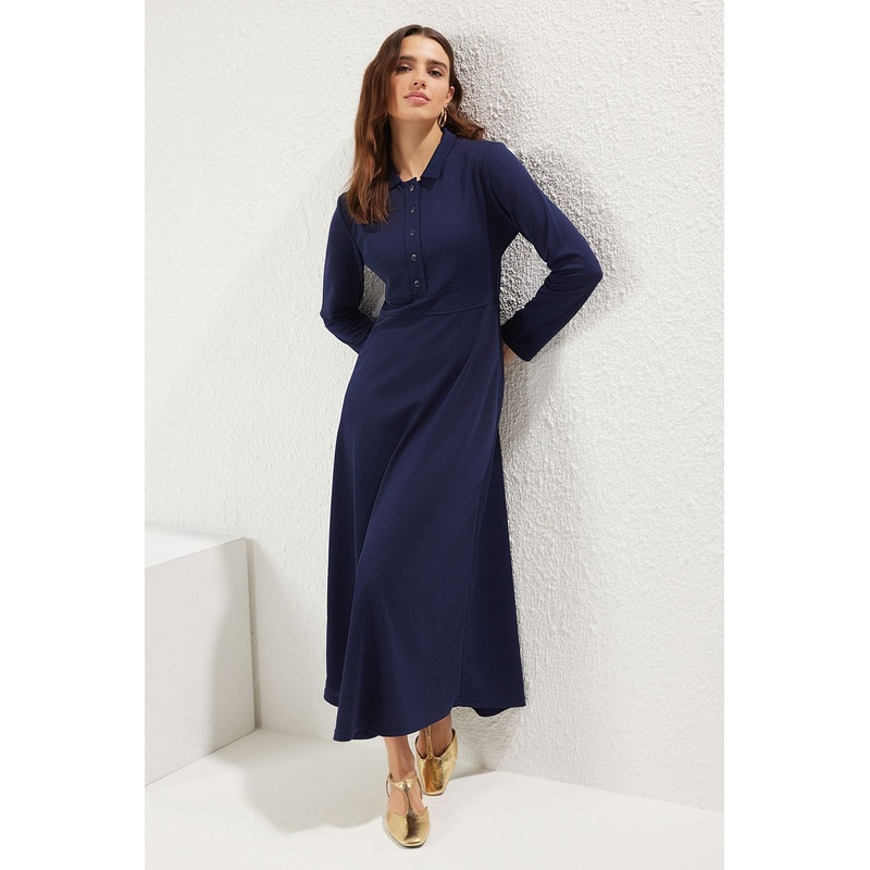 Modest Women's Navy Blue Plain Maxi Long Casual Fitted Modest Dresses