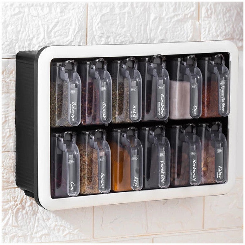 Porsima 1165 Simple Spice Jar With Stand 12 Piece Self Adhesive Spoon Lid Spice Jar Set-Labeled Spice Jar