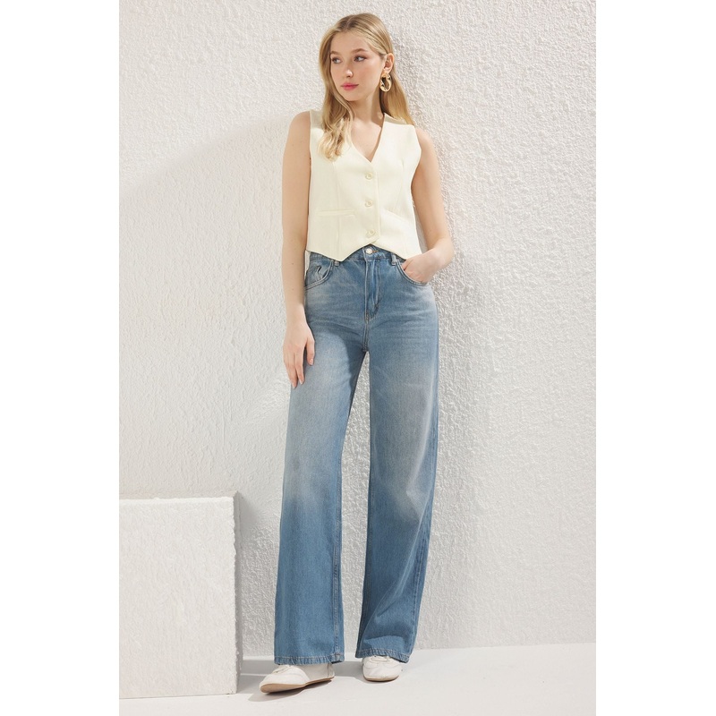 Women's Blue Plain Wide Leg Normal Waist Jeans