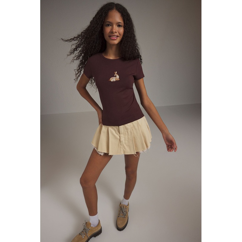 Women's Brown Embroidered / Embroidered Short Slim Blouse