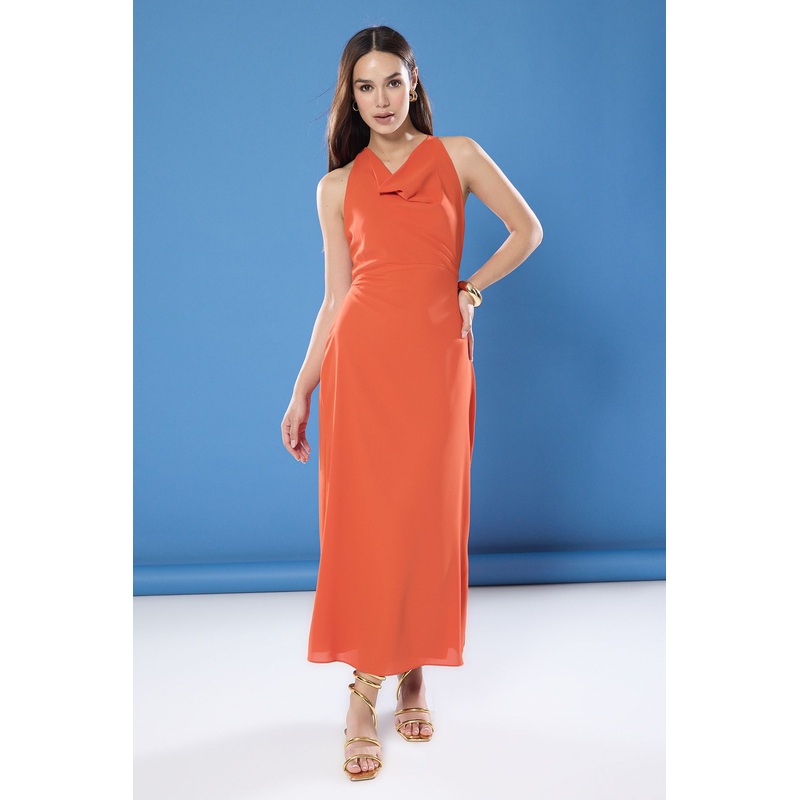 Women's Brown Straight Midi Sleeveless Day And Night Regular Dress