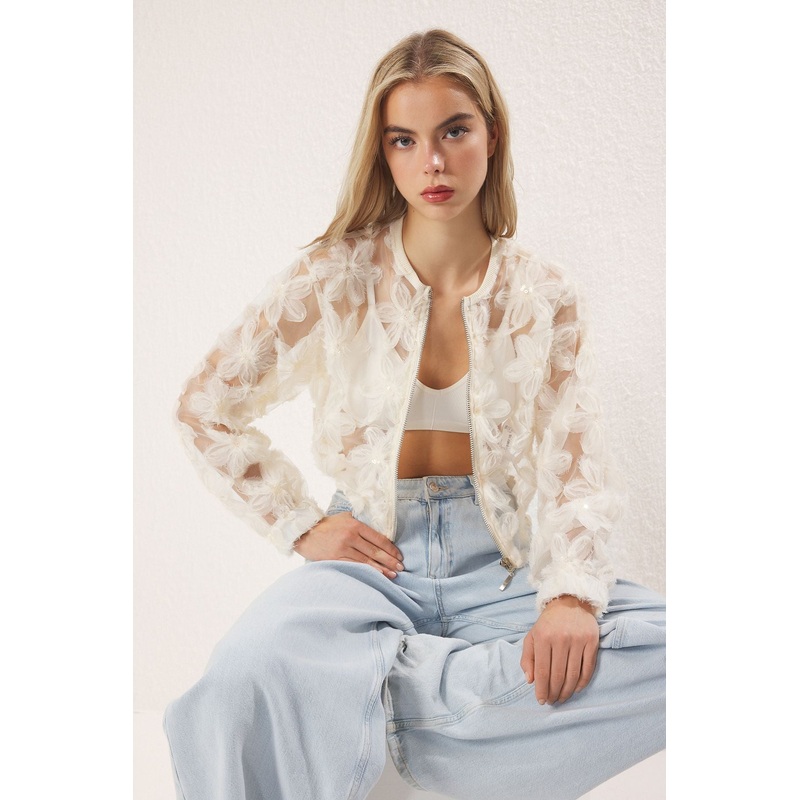 Women's Ecru Flowering Long Fitted Jacket