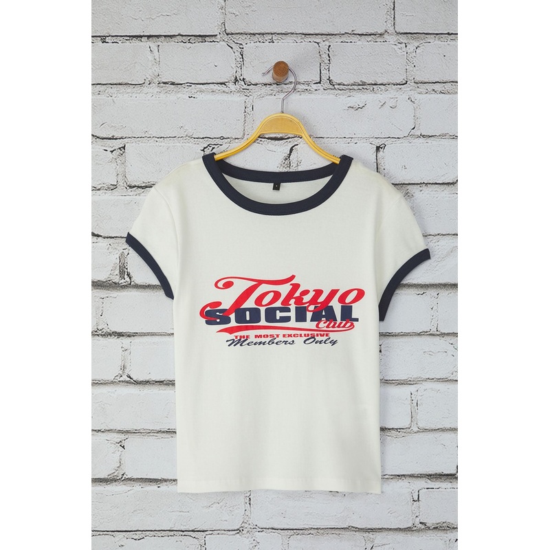 Women's Ecru Slogan Short Slim T-Shirt