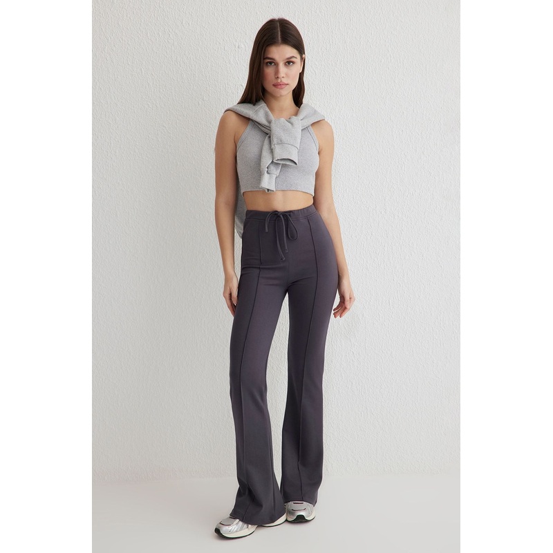Women's Gray Plain Normal Waist Pants