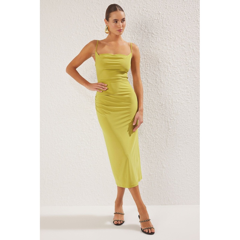 Women's Green Straight Midi Hanging Day And Night Slim Dress