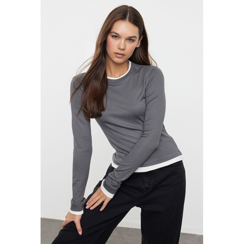 Women's Grey Color Blocked Long Slim Blouse