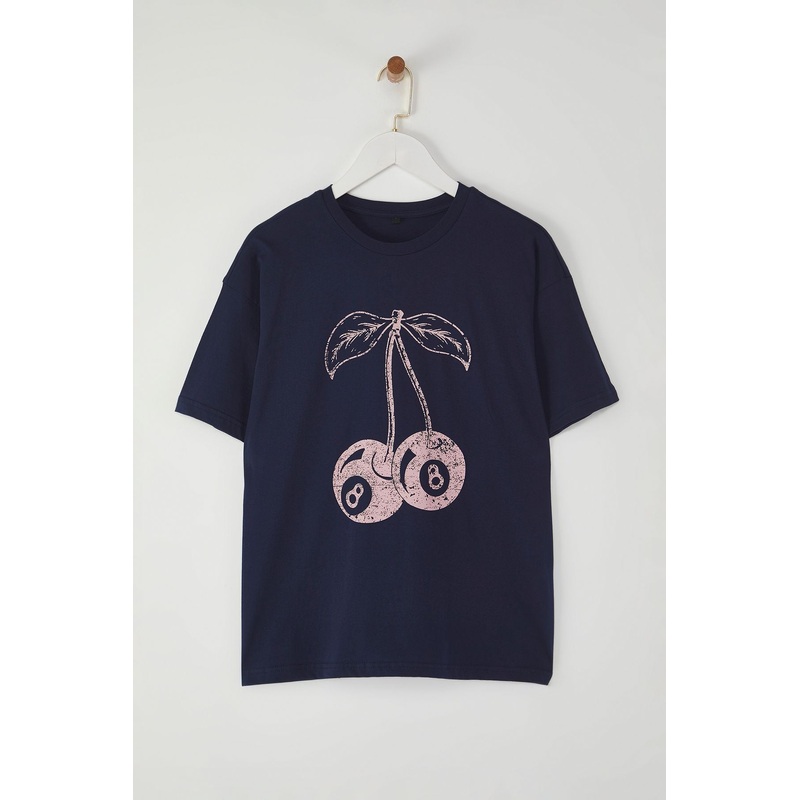 Women's Navy Blue Printed Short Oversized T-Shirt
