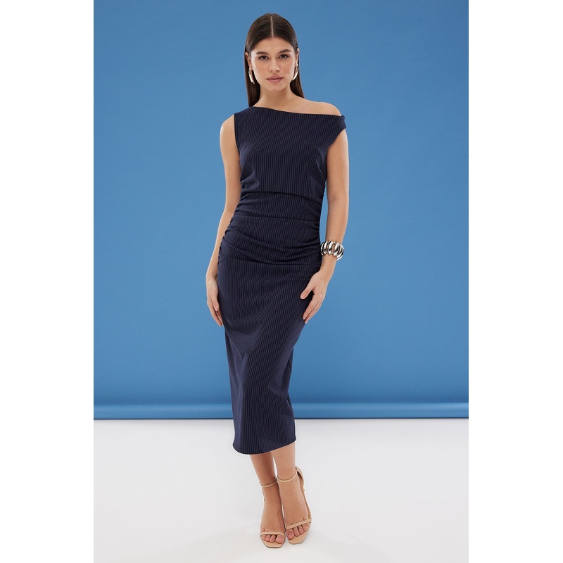 Women's Navy Blue Striped Midi Sleeveless Evening / Daily Regular Dress