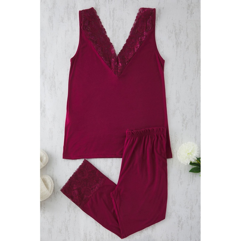 Curve Women's Burgundy Straight Sleeveless Regular Plus Size Pajama Set