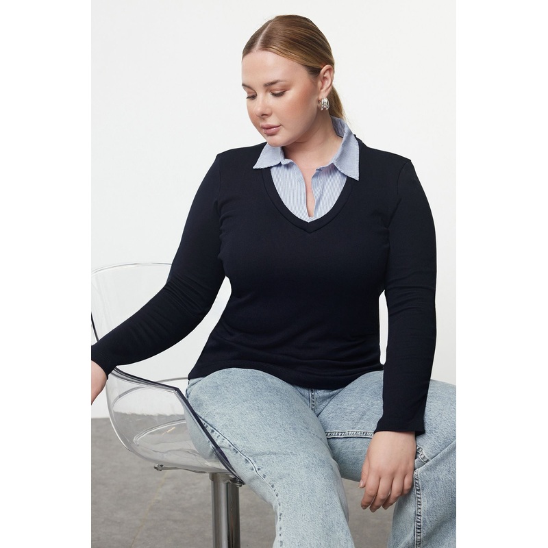 Curve Women's Navy Blue Striped Long Regular Plus Size Blouse