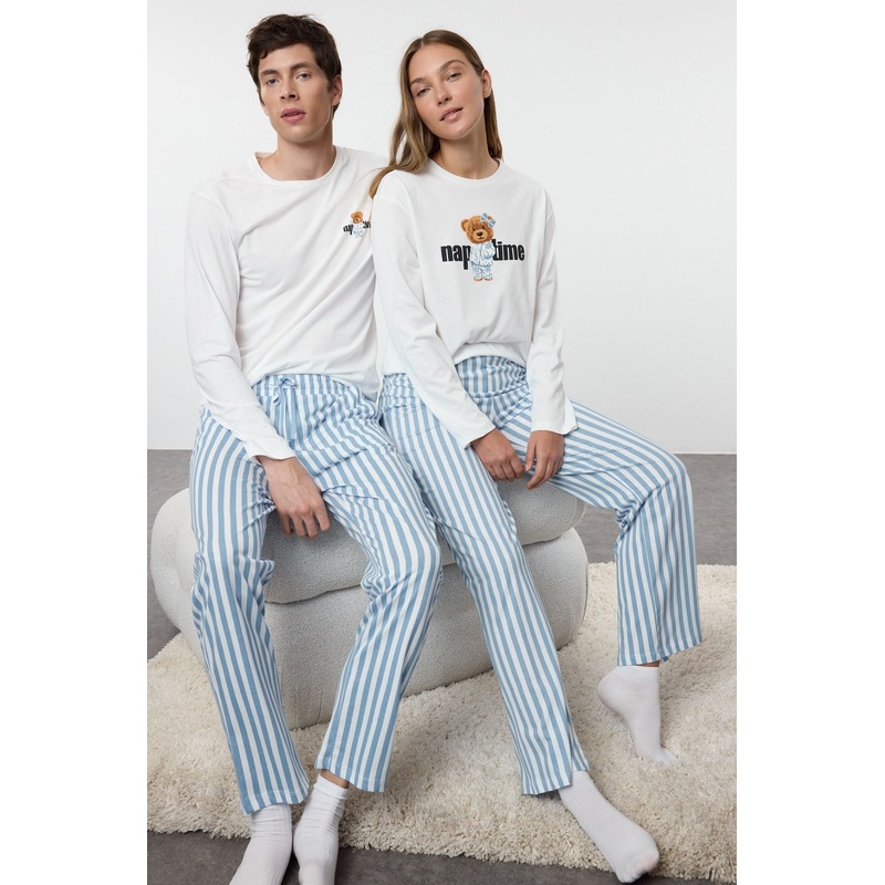 Man Men's Ecru Striped Long Lounge/home Regular Pajama Set