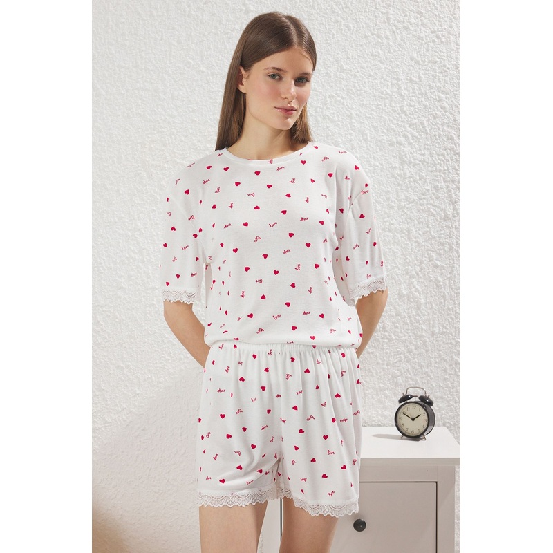 Women's 2 Pack Ecru Heart Short Lounge/home Regular Pajama Set