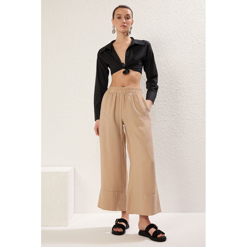 Women's Beige Plain High Waist Pants