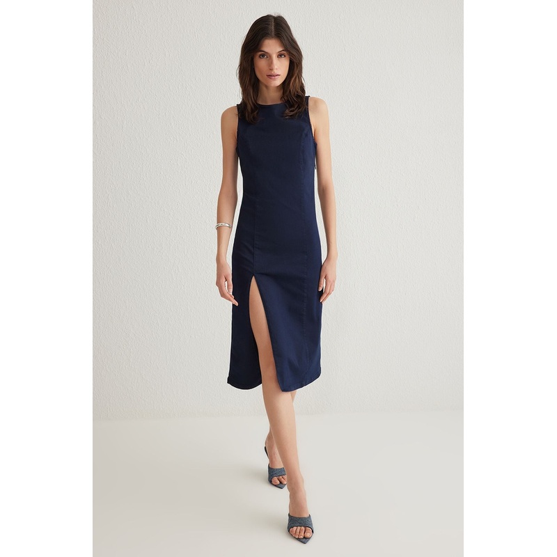 Women's Blue Plain Midi Spaghetti Strap Casual Fitted Dress