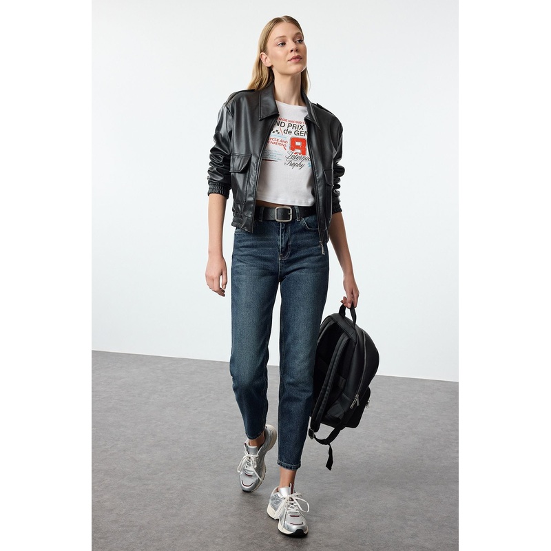 Women's Blue Straight Mom High Waist Jeans