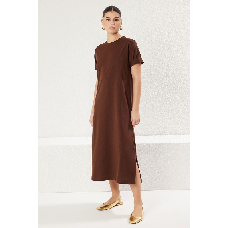 Women's Brown Plain Maxi Short Casual Relaxed Fit Dress