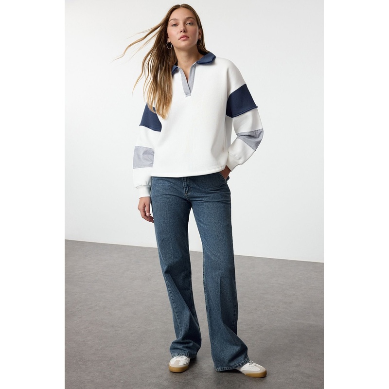 Women's Ecru Color Blocked Long Oversized Sweatshirt