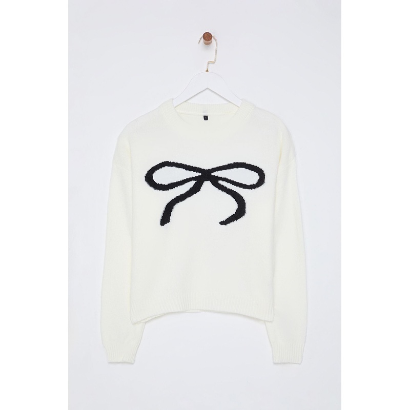 Women's Ecru Slogan Long Regular Jumper