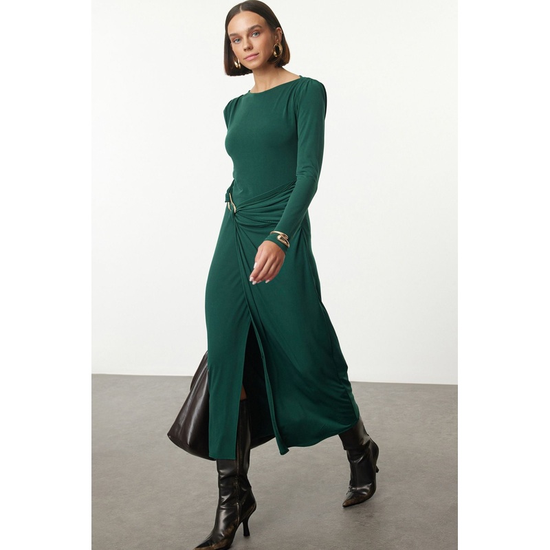 Women's Green Straight Maxi Long Day And Night Slim Dress
