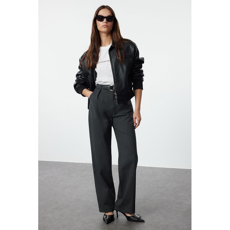 Women's Grey Flat High Waist Trousers