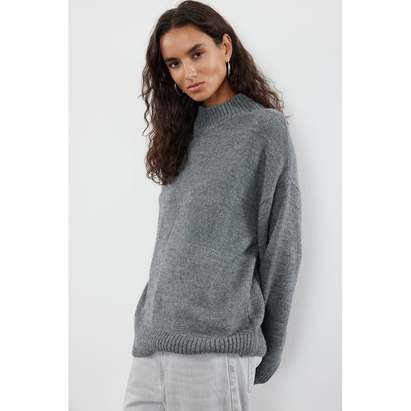 Women's Grey Flat Long Oversize Jumper
