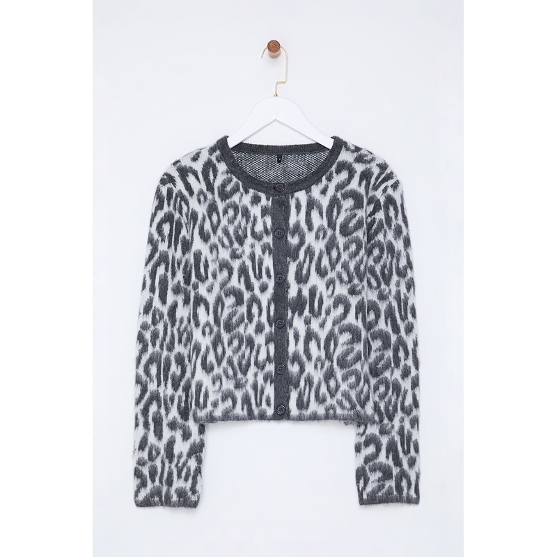 Women's Grey Leopard Long Regular Cardigan
