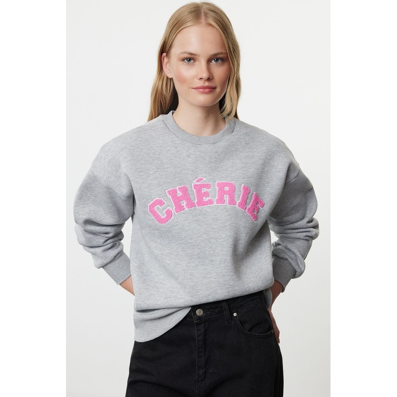 Women's Grey Slogan Long Oversized Sweatshirt