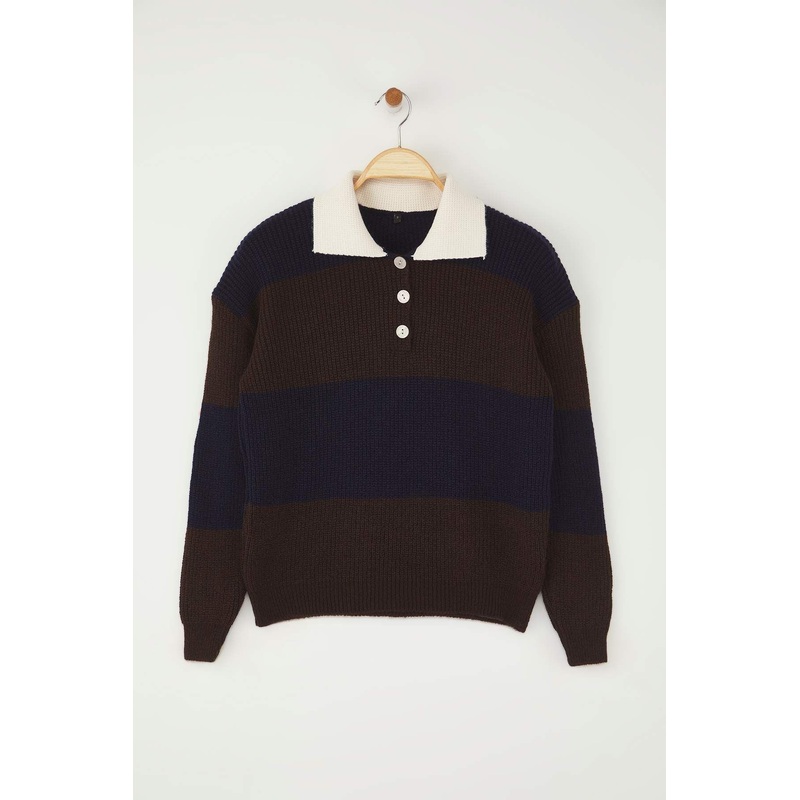 Women's Navy Blue Color Block Long Regular Sweater